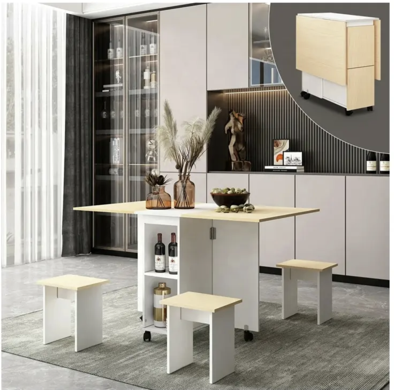 COMEDOR PLEGABLE MULTIUSO: BLANCO INVIERNO / CAFE CON LECHE